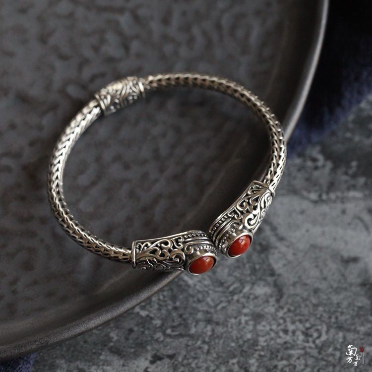 Vintage Carved Bangle Red Agate Inlay Handmade Aged Silver Jewelry