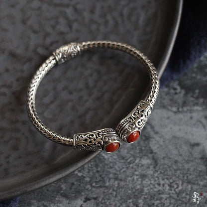 Vintage Carved Bangle Red Agate Inlay Handmade Aged Silver Jewelry