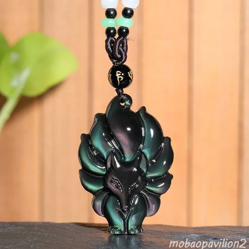Hand Carved Nine Tailed Fox Jade Pendant Colored Natural Obsidian Jewelry