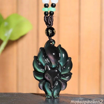 Hand Carved Nine Tailed Fox Jade Pendant Colored Natural Obsidian Jewelry