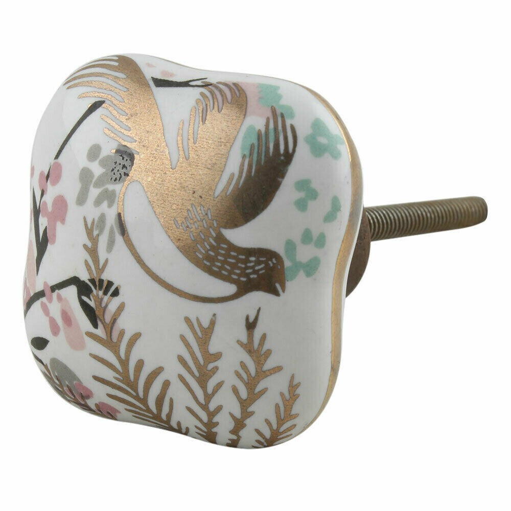 Set of 10 Golden Leaf Bird Ceramic Drawer Cabinet Knobs Wardrobe Pulls