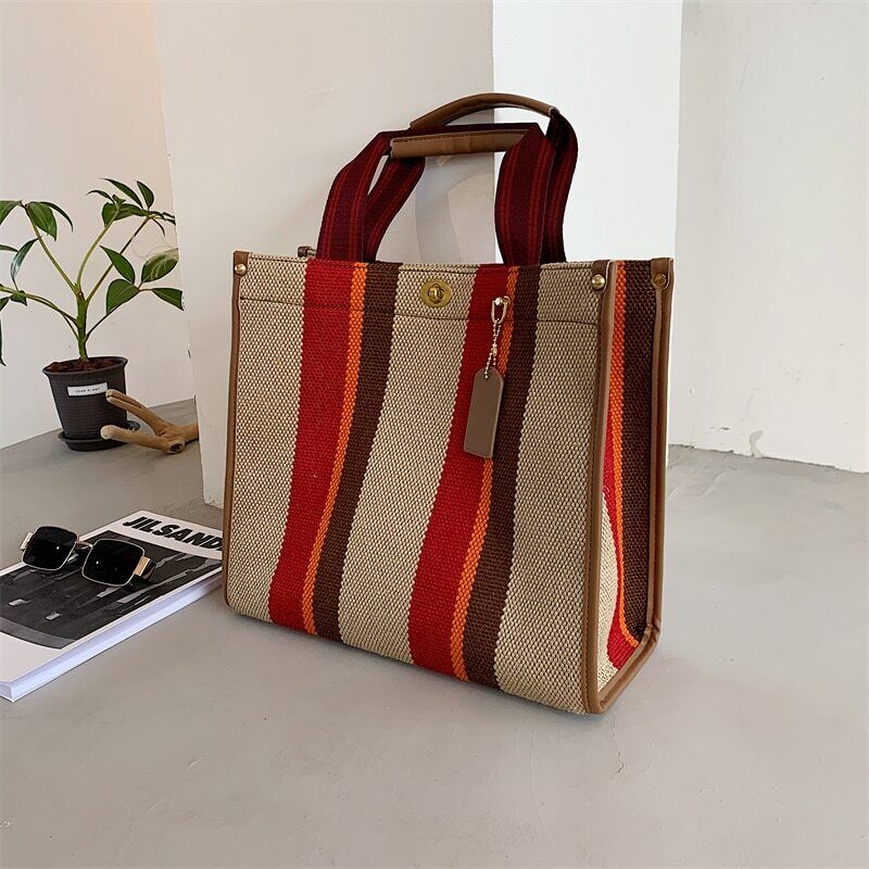 Canvas Tote Bag Women Handbag Stripe Shoulder Bags Big Shopper Totes