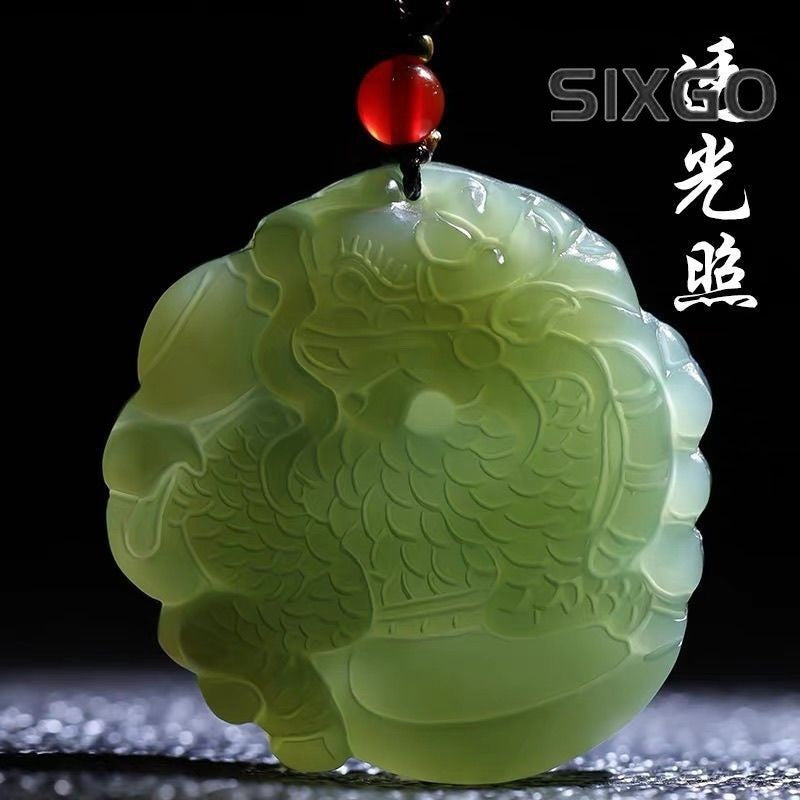 Natural Hetian Jade Qilin Pendant Round Green Jade Wealth Lucky Amulet