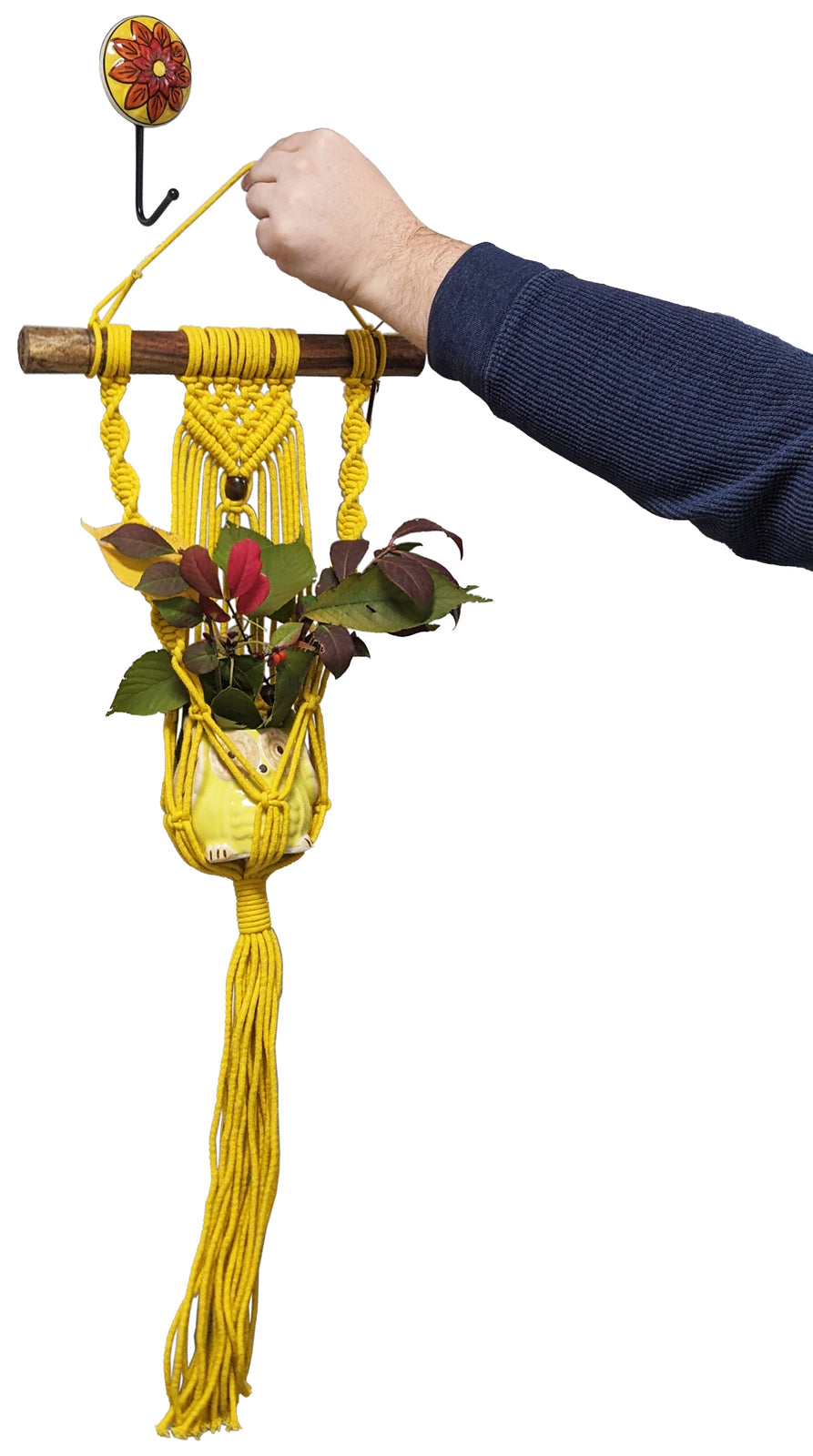 Vibrant Yellow Handcrafted Macramé Hanging Plant Hanger w/ Ceramic Owl Planter