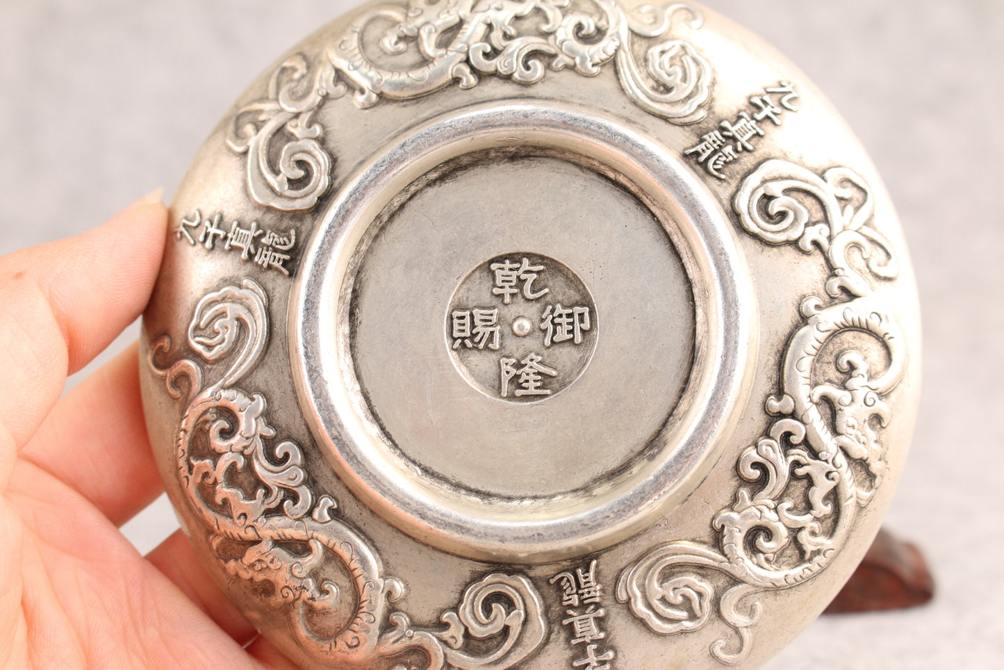 Chinese tibet silver copper double dragon phoenix plate table decor