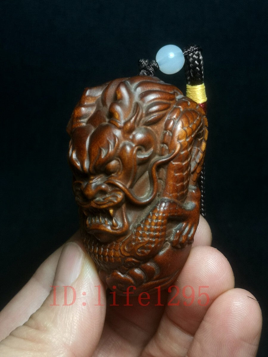Rare Japana boxwood handmade Loong dragon figure statue netsuke Collection Art