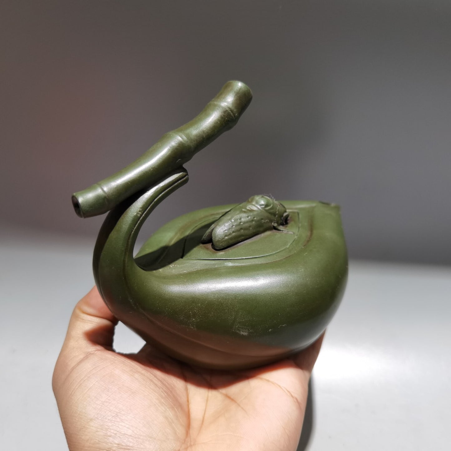 6.2"chinese Yixing Zisha Pottery Green Clay 280cc Hand Made Bamboo Cicada Teapot