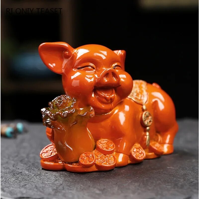 Lucky Piggy Statue Resin Color Changing Tea Pet Animal Tea Figurine Ornaments