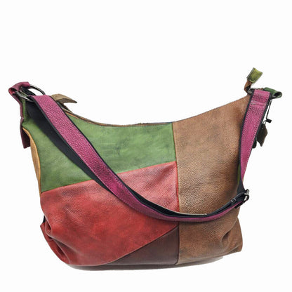 Vintage Patch Ruched Brushed Real Leather Hobo Shoulder Bag Crossbody Purse