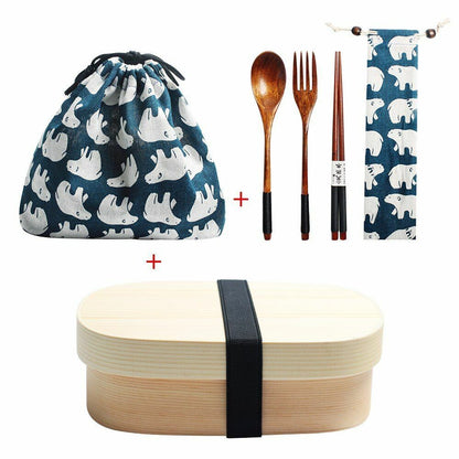 Wooden Lunch Box Picnic Japanese Bento School Kids Dinnerware Set Bag Spoon Fork