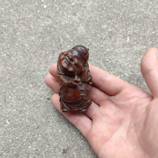 Vintage Wooden Ornaments Boxwood Carving Wealth Mammon Rich Man Statue sculpture