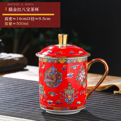 4.82" Chinese Jingdezhen Ceramic Household Tea Cup with Lid Bone Water Cup Gift