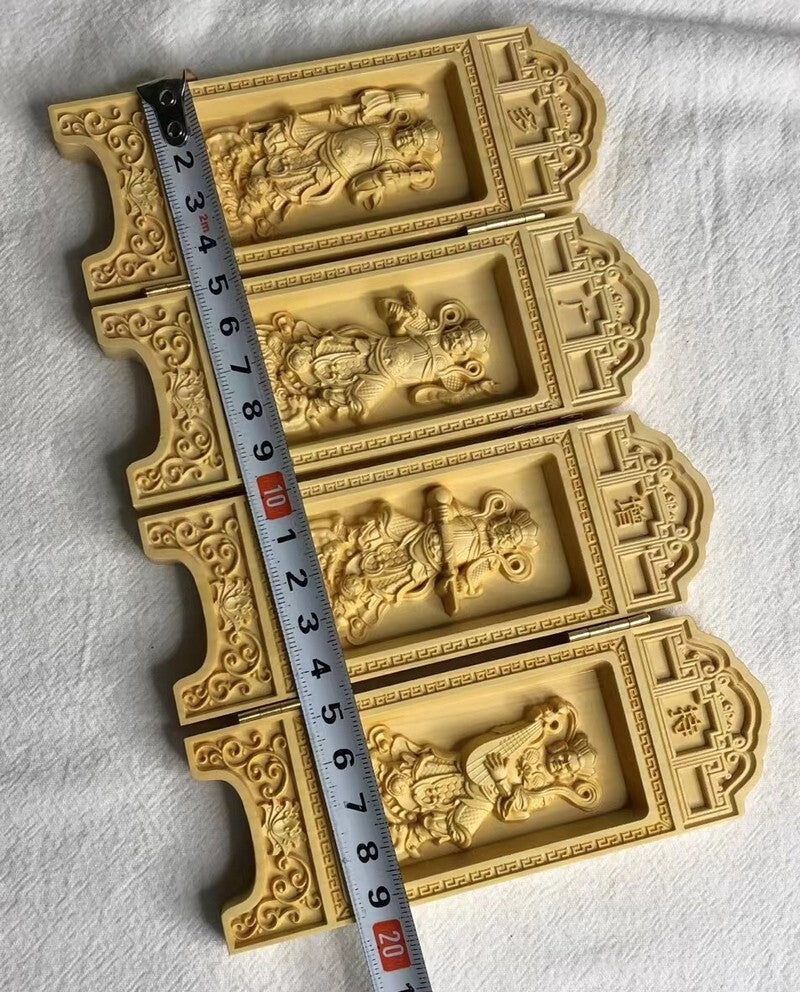 Boxwood Carving Four Tennos Folding Screen Panel Buddhist Decorative Shrine -