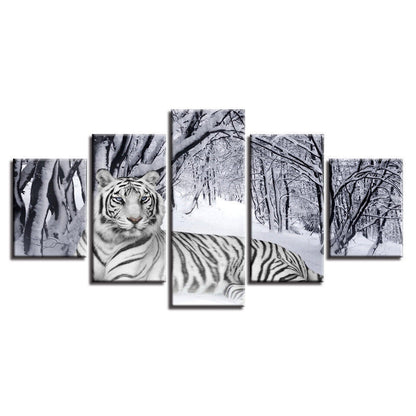 White Tiger In Snow Forest Canvas Prints Painting Wall Art Home Decor Picture 5P