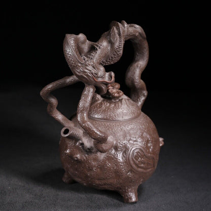 Vintage Chinese Yixing Purple Clay Teapot Zisha Ceramic Carving Dragon Teaware