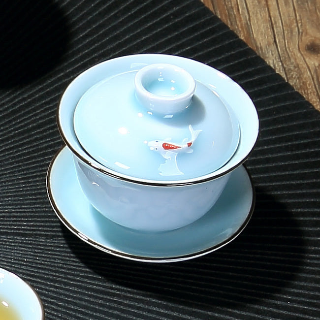 Carp / Golden Fish Relief Chinese Porcelain Tea Bowl Tea Service Cup Bowl Saucer