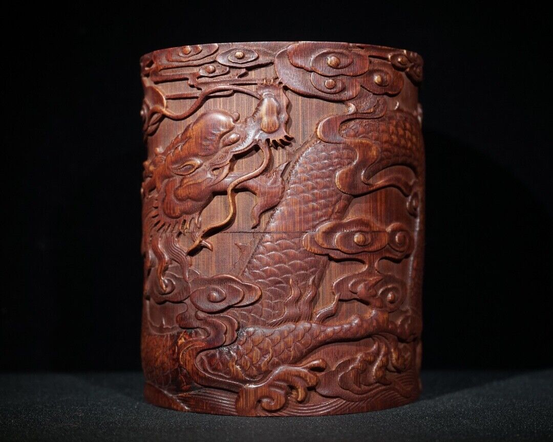 chinese bamboo carving antique carved brush pot pen case wood statue dragon Leo