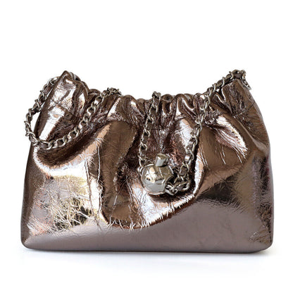 Small Mini Ruched Real Leather Clutch Pouch Purse Shoulder Bag w/ Chain Fashion
