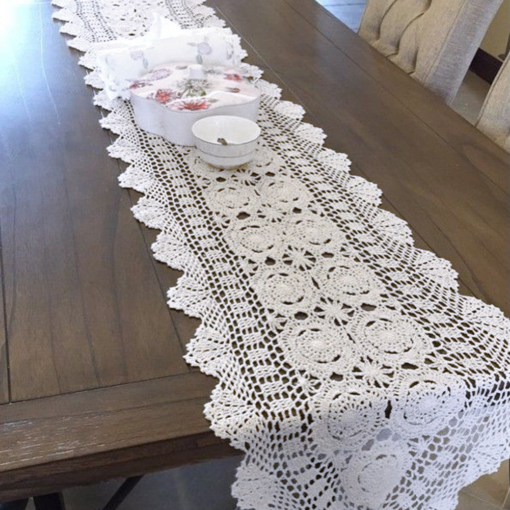 White Vintage Table Runner Hand Crochet Dresser Scarf Oval Lace Doily 15"x78"