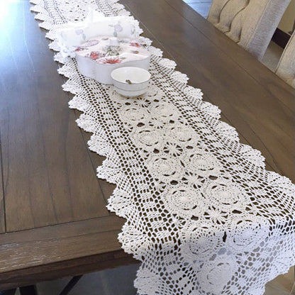 White Vintage Table Runner Hand Crochet Dresser Scarf Oval Lace Doily 15"x78"