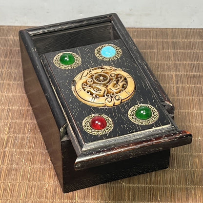 Sandalwood Jewelry Box 15×10×7cm Dragon Inlay Gem Vintage Slide Box