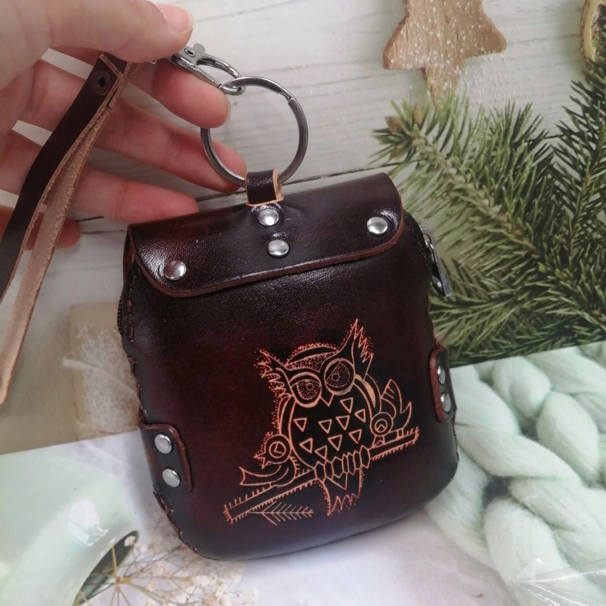 Genuine Leather Owl Coin Purse 3D Ethnic Keychain Bag Phone Pouch Gift