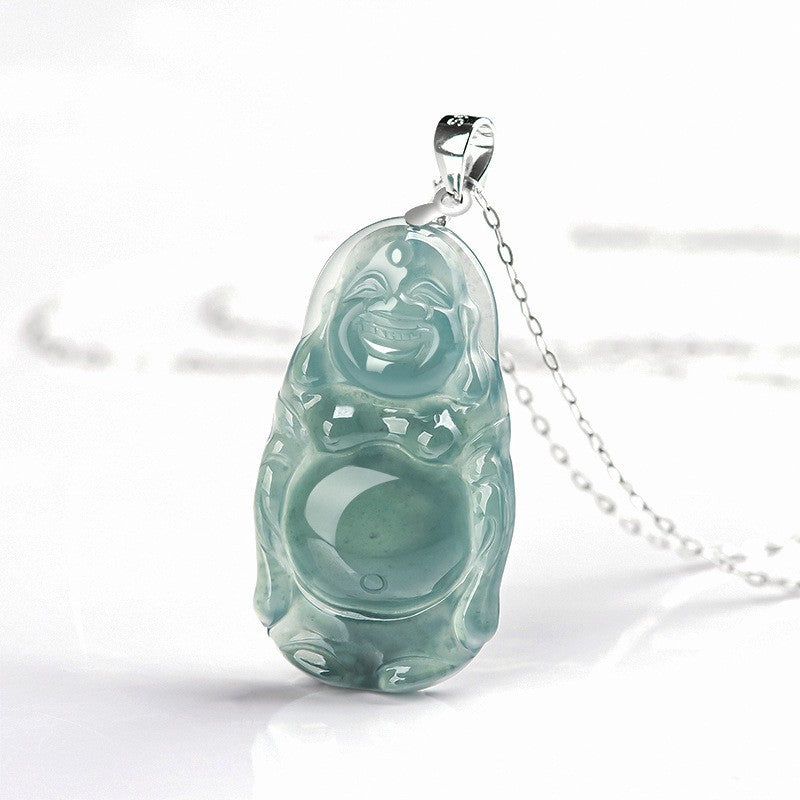 Natural Grade A Jade Jadeite Carving Maitreya Buddha Blessing Necklace Pendant