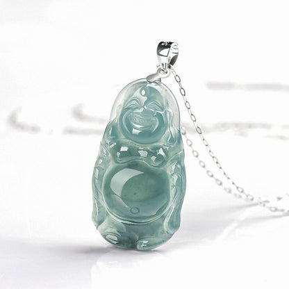 Natural Grade A Jade Jadeite Carving Maitreya Buddha Blessing Necklace Pendant