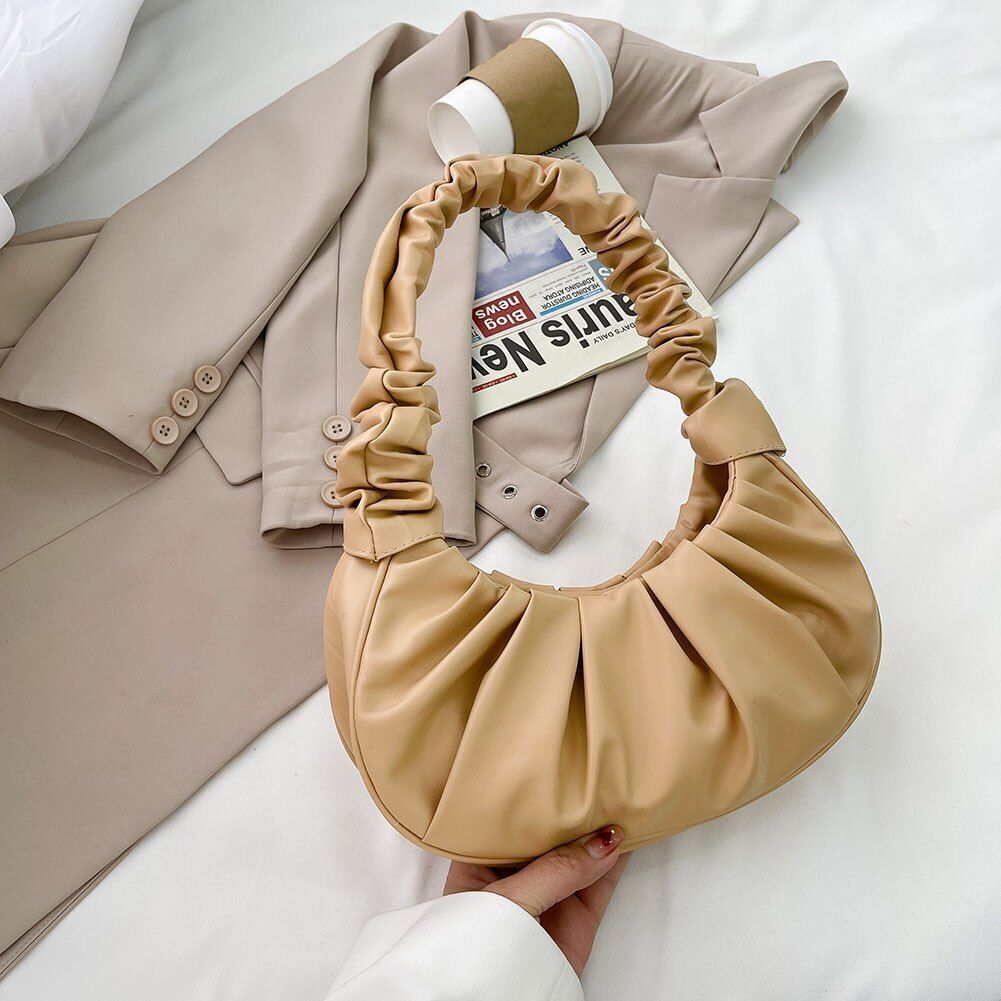 Retro Women Pleated Synthetic Underarm Bag Solid Color Pleated Handbag 270*170CM