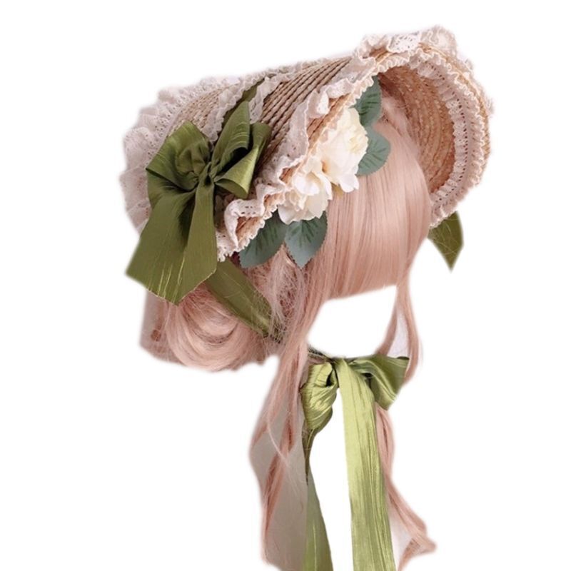 Women Lolita Hats Pastoral Style Flat Tops Lace Flower Ribbon Straw Beach Bonnet