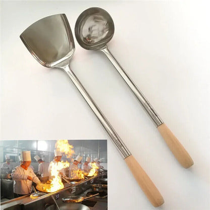 Kitchen Cooking Utensils Stainless Steel Wood Handle Big Long Spatula Soup Spoon