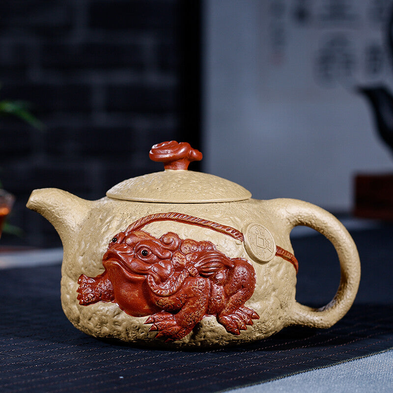 Handmade Tea Pot 9 Infuser Holes Yixing Zisha Duan Clay Frog Carved Relief Pot