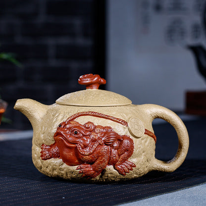 Handmade Tea Pot 9 Infuser Holes Yixing Zisha Duan Clay Frog Carved Relief Pot
