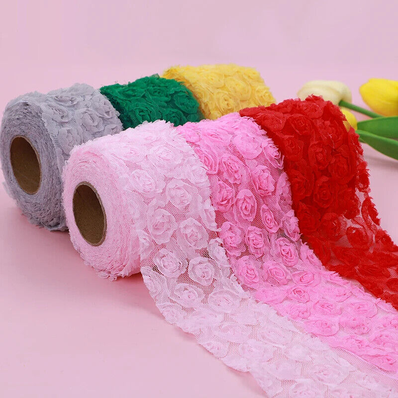 Party Decoration 5Yards DIY Rose Lace Fabric 3D Chiffon Flower Embroidered Decor