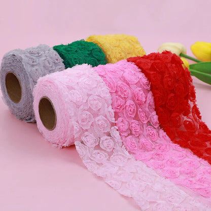 Party Decoration 5Yards DIY Rose Lace Fabric 3D Chiffon Flower Embroidered Decor
