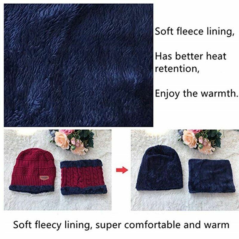 Winter Beanie Hat Scarf Set Soft Fleece Inner Lining Stretchy Knit Cap Elastic