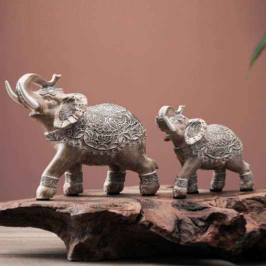 Elephant with Trunks up Statues Bookshelf Tabletop Home Decoration Gift Set of 2