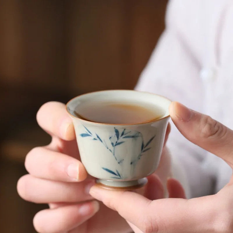 1 Pc Chinese Ceramic Tea Cup Handmade Bamboo Leaves Teacup Tea Bowl Set