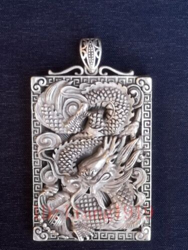 Chinese Tibet Silver Carving Dragon Statue necklace Pendant Collection gift