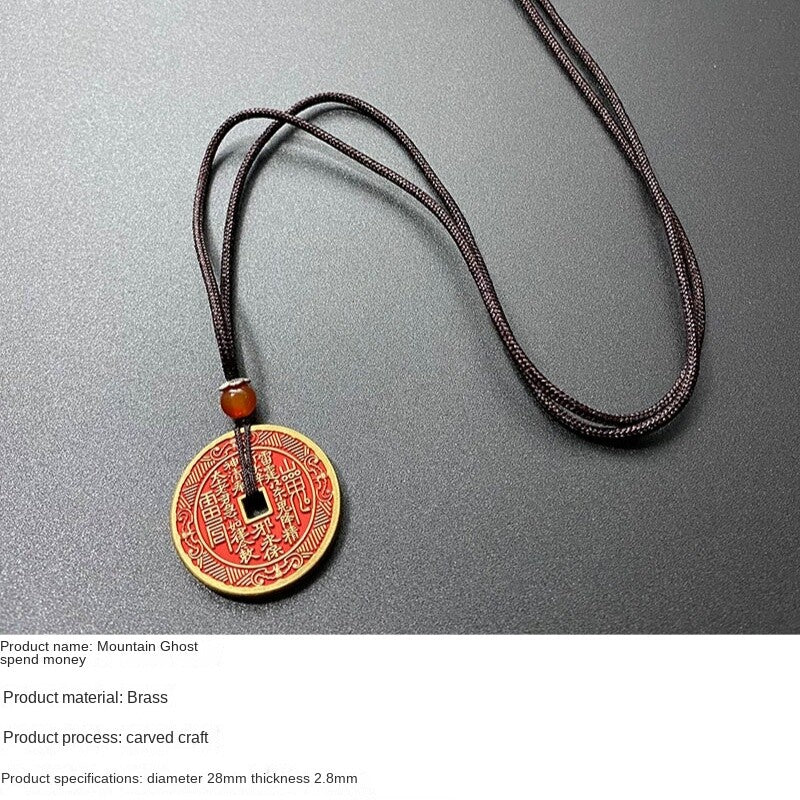 Old Bronze Amulet Pendant Taoist Knot Peace Pendant Cinnabar Necklace