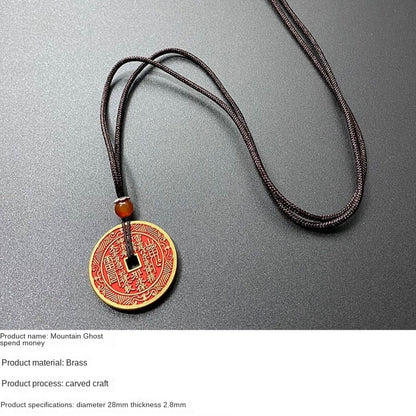 Old Bronze Amulet Pendant Taoist Knot Peace Pendant Cinnabar Necklace