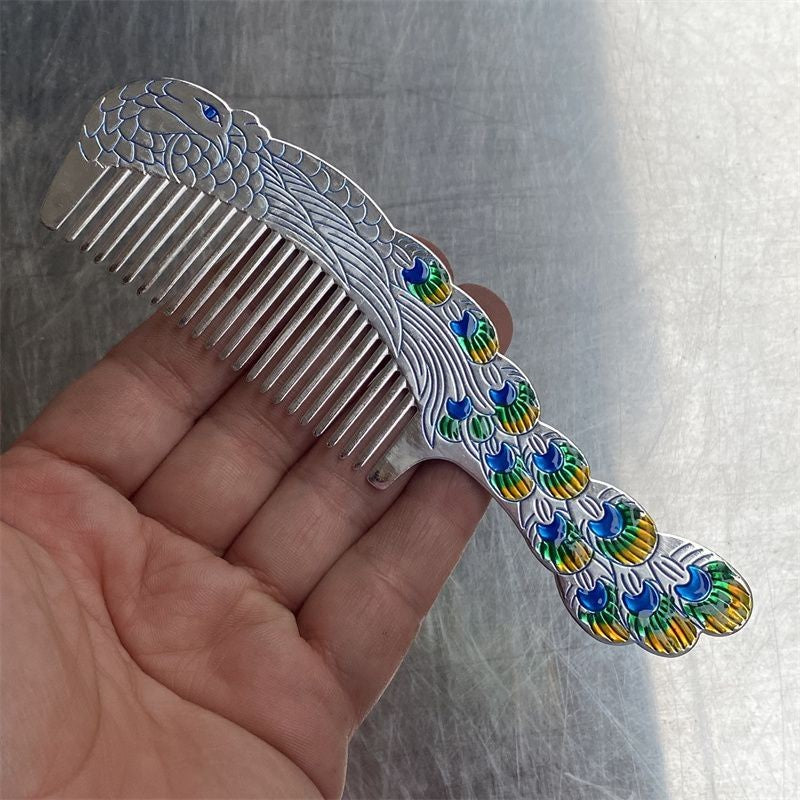 Tibetan Silver Plated Peacock Comb Engraved Handle Vintage Style Ornament