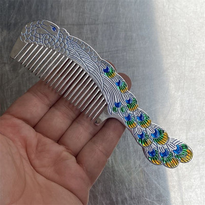 Tibetan Silver Plated Peacock Comb Engraved Handle Vintage Style Ornament