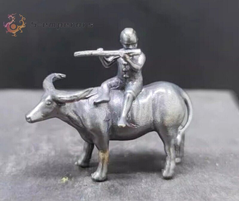 Brass Carved Cowboy Statue Sculpture Buffalo Fluting Boy Figurine Decor