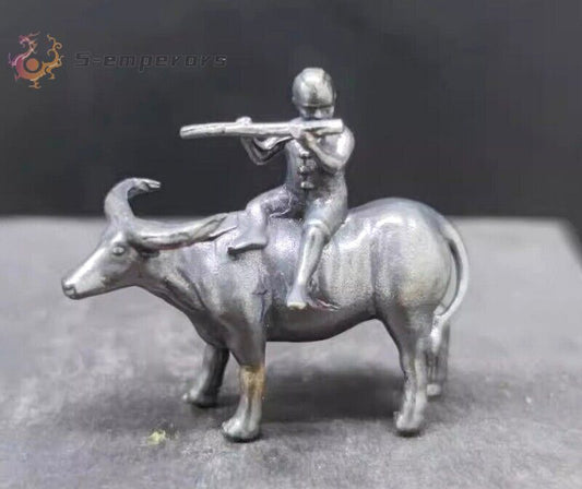 Brass Carved Cowboy Statue Sculpture Buffalo Fluting Boy Figurine Decor