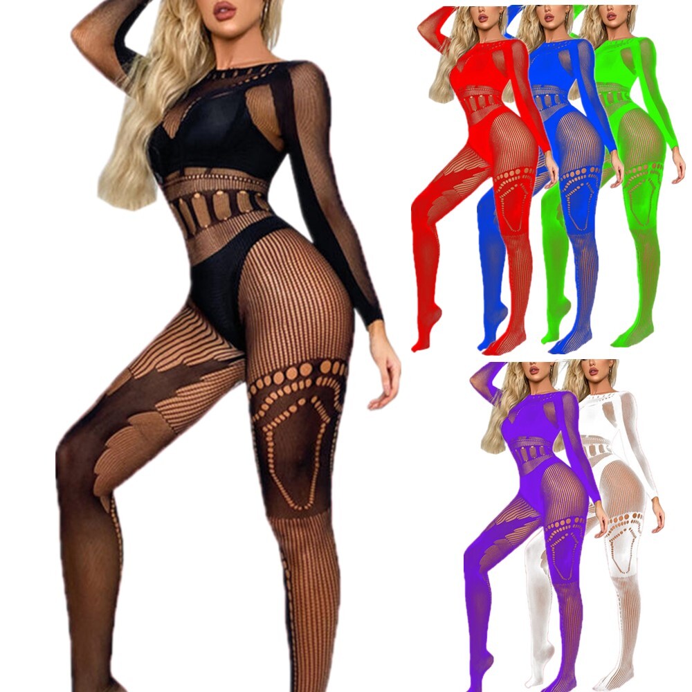 Sexy Women's Fishnet Mesh Full Bodysuit Long Sleeve Jumpsuits Bodystocking