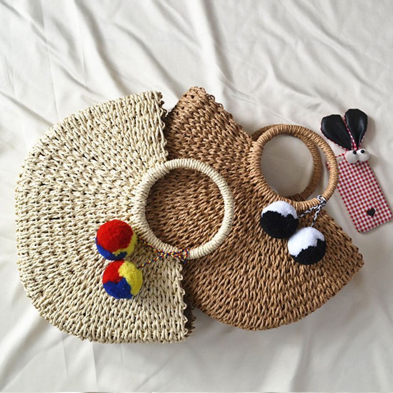 Handmade Bags Pompon Beach Weaving Straw Bag Wrapped Beach Moon Shaped Purses