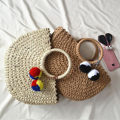 Handmade Bags Pompon Beach Weaving Straw Bag Wrapped Beach Moon Shaped Purses