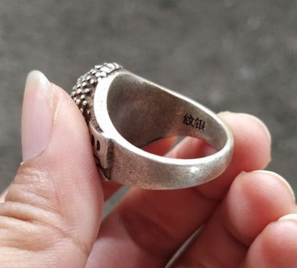 Tibetan Silver Sakyamuni Buddha Head Ring Buddhist Finger Jewelry Collection