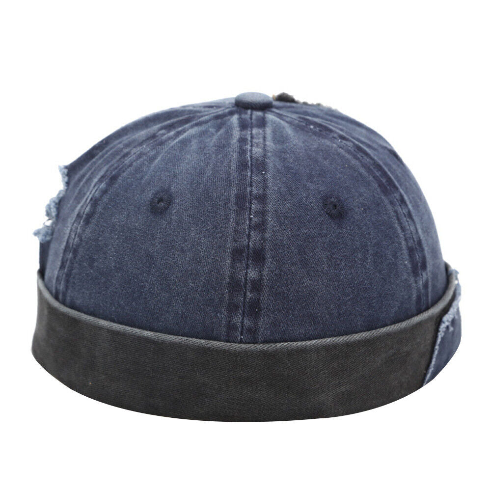 Mens Womens Retro Brimless Beanie Hat Sailor Docker Denim Skull Cap Adjustable